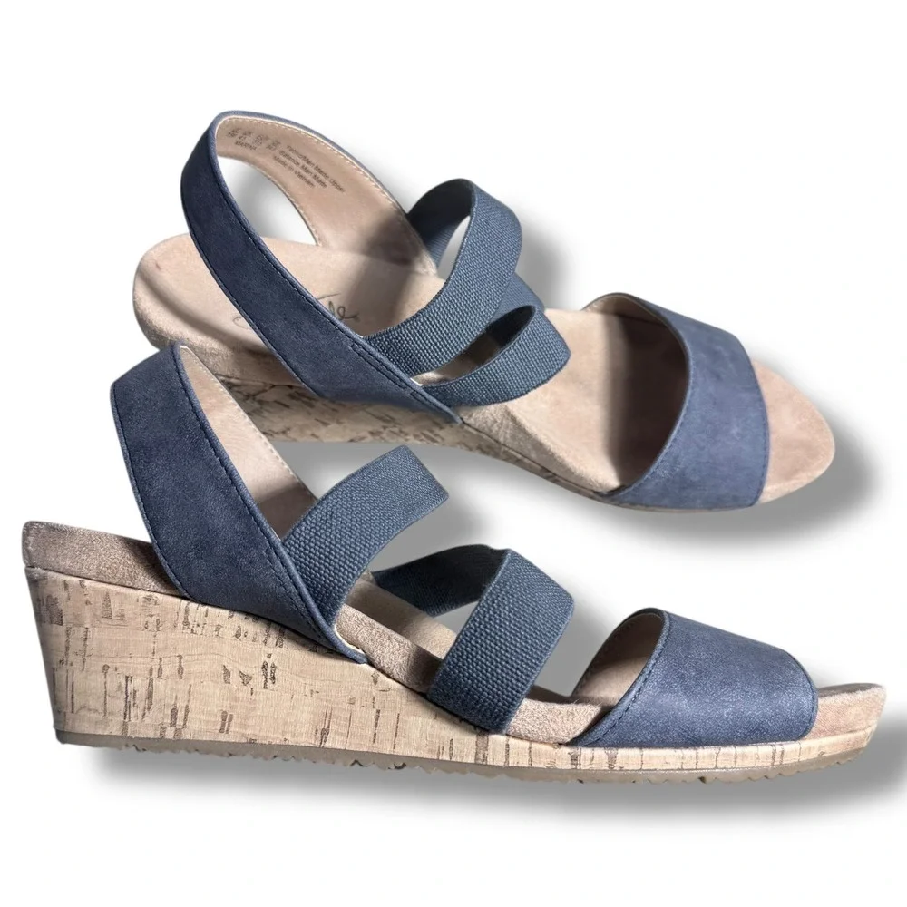 LifeStride Marina Wedge Sandals Blue Fabric Elastic Comfort Size 7.5M